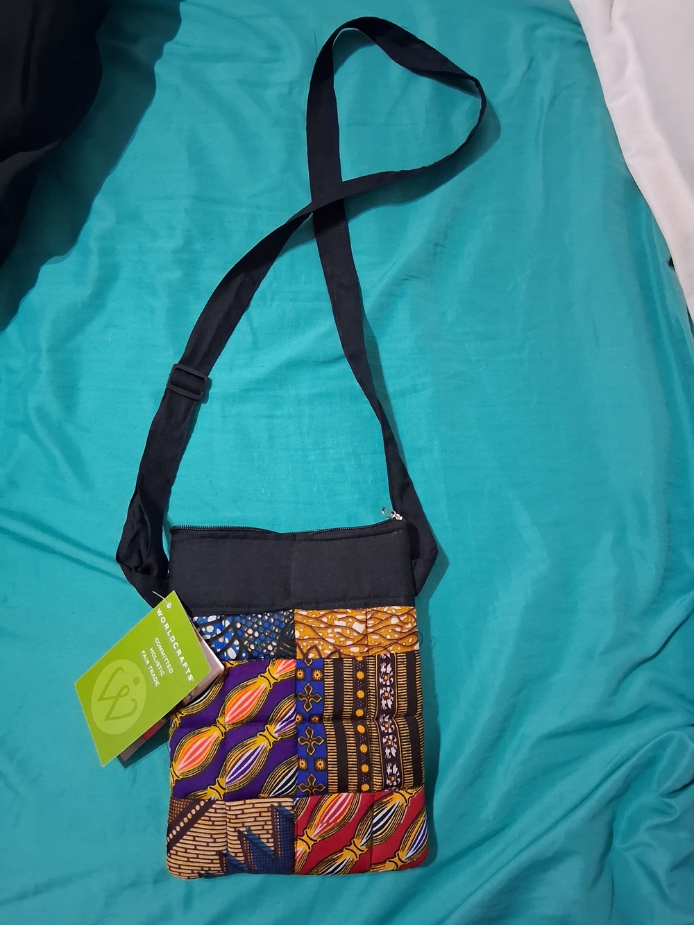 Handmade Patchwork Crossbody Bag - Black with Multicolor Print